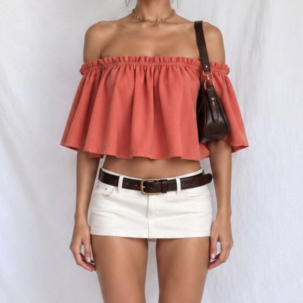 Vintage Y2K 90s Orange Off The Shoulder Ruffle Summer Crop TopāBlouse SizeāXS